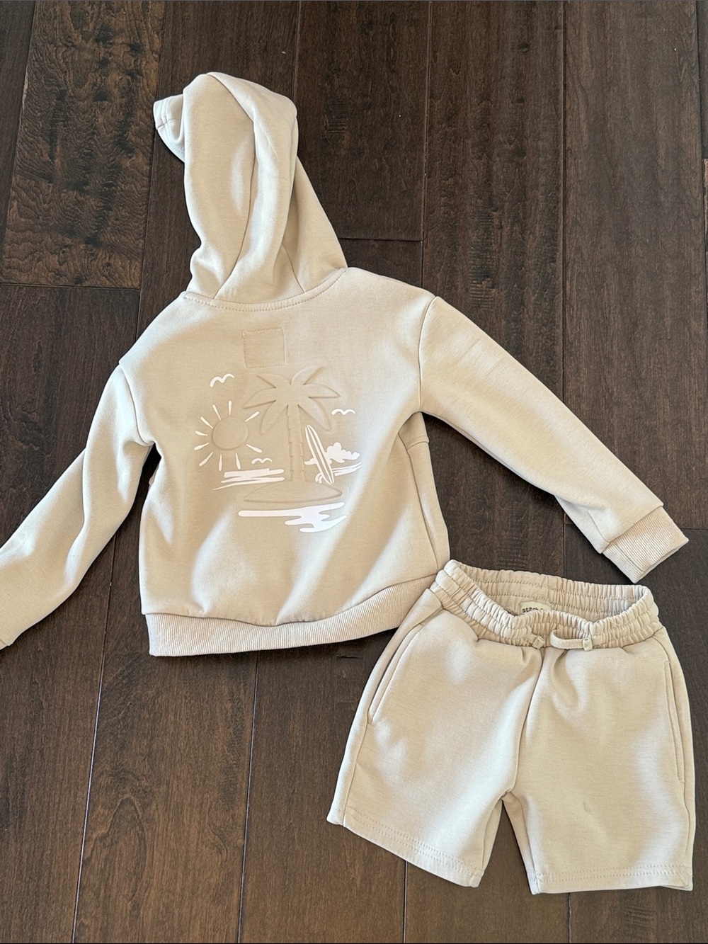 Toddler Boys Beige Beach Raised Dimensional Palm Tree Graphic Hoodie and shorts!